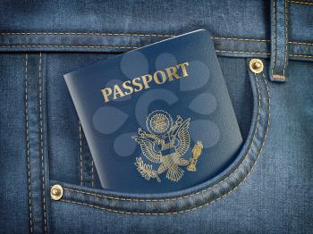 USA passport in pocket jeans. Travel, tourism, emigration and passport control concept. 3d illustration