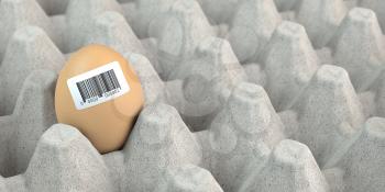 Chicken egg with barcode sticker. Quality control concept. 3d illustration