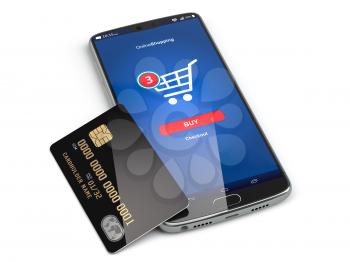 Mobile phone or smartphone with credit card. E-commerce, internet banking, nfc and buying online concept. 3d illustration