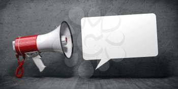 Megaphone with speech bubble for announcement text. Marketing and communication. 3d illustration