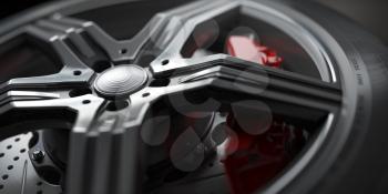 Alloy car wheel with disk brakes close up background. 3d illustration