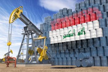 Oil production and extraction in Iraq. Oil pump jack and oil barrels with Iraqui flag. 3d illustration