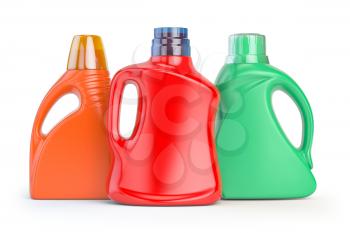 Set of detergent plastic bottles with chemical cleaning product on white background. 3d illustration