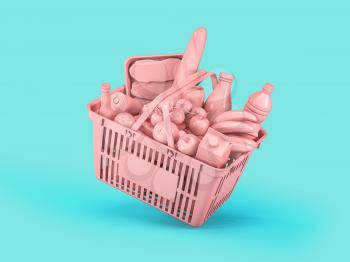 Pink shopping basket with pink food on blue background. Food delivery. 3d illustration