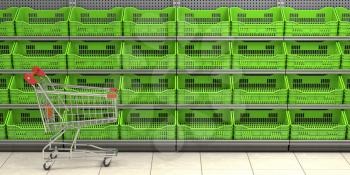 Empty shopping cart and empty fruit plastic crates on supermarket shelf. 3d illustration