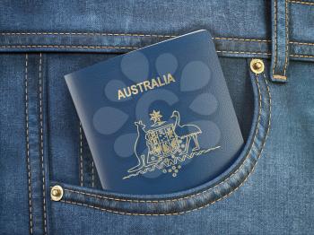 Passport of Australia in pocket jeans. Travel, tourism, emigration and passport control concept. 3d illustration
