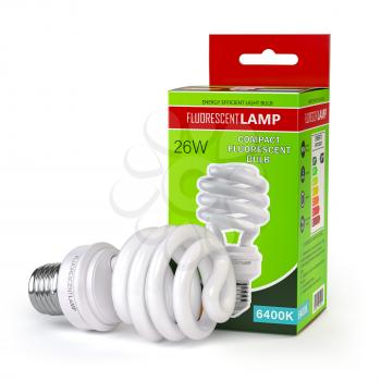 Spiral fluorescent lamp, energy saving light bulb with green box isolated on white. 3d illustration