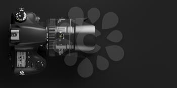 Professional digital photo camera on black background. Top view and space for text. 3d illustration