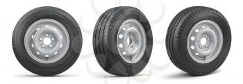 Set of car wheels with tyres for vans and trucks isolated on white background. 3d illustration