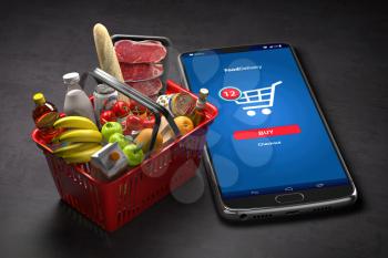 Shopping basket with fresh food and smartphone or mobile. Grocery supermarket, food and eats online buying and delivery concept. 3d illustration