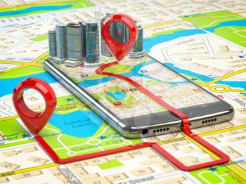 GPS navigation concept. Smartphone app with skyscrapers and two pins with route on city map. 3d illustration