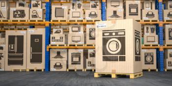 Washing machine in cardboard box in warehouse with household appliances and kitchen electronics in boxes. Online purchase, shopping  and delivery concept. 3d illustration