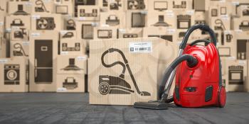 Vacuum cleaner in warehouse with household appliances and kitchen electronics in boxes. Online purchase, shopping  and delivery concept. 3d illustration