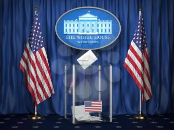 US Presidentilal Election concept. Ballot box with USA flags and sign of White House. 3d illustration