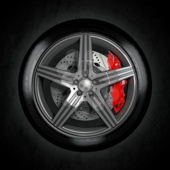 Car wheel with red breaks on black background. 3d illustration