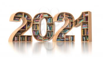 2021 new year education concept. Bookshelves with books in the form of text 2020. 3d illustration