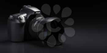 Professional digital photo camera on black background.  3d illustration