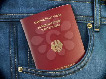 Passport of Germany in pocket jeans. Travel, tourism, emigration and passport control concept. 3d illustration