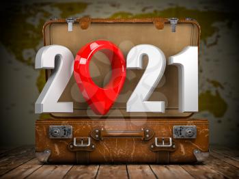 2021 Happy new year. Vintage suitcase with number 2021 and navigation pin. Travel and tourism concept. 3d illustration