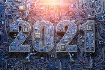 2021 on circuit board or motherboard with cpu. Computer technology and internet commucations digital concept background. Happy new 2021 year. 3d illustration