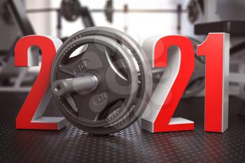 2021 Happy New Year  in fitness bodybuilding workout gym. Number 2021 with barbell and oter spoirt equipment. 3d illustration 