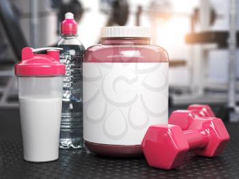 Pink whey protein can with pink dumbbell sand shaker on the floor of gym. Mock up. Sports bodybuilding supplements and nutrition for women. 3d illustration