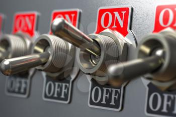 Row of retro toggle switch ON OFF on metal background. 3d illustration