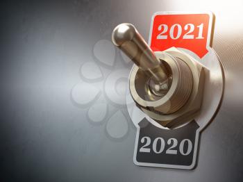 2021 new year change. Vintage switch toggle with numbers 2020 and 2021. 3d illustration