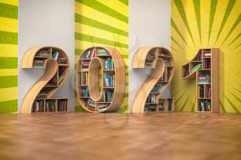 2021 new year education concept. Bookshelves with books in the form of text 2021. 3d illustration