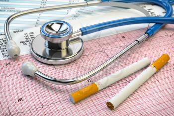 Stop smoking concept. Stethoscope, cigarettes and electrocardiogram report. Heart problem due to smoking. 3d illustration