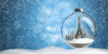 Eiffel tower with cristmas tree in glass bauble or ball. Tour to Paris France for New Years Eve celebrations concept. 3d illustration