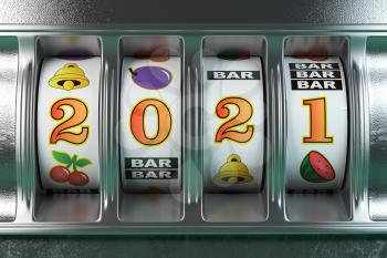 2021 Happy New Year  in casino. Slot machine with jackpot number 2021. 3d illustration