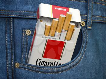 Open packet of cigarettes in jeans pocket. 3d illustration