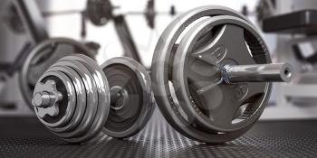 Dumbbell and barbell on the floor of gym. Close up fItness equipment. Sport, fitness and bodybuilding concept background. 3d illustration