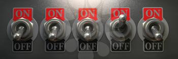 Row of retro toggle switch in OFF position and one in ON position on metal background. 3d illustration