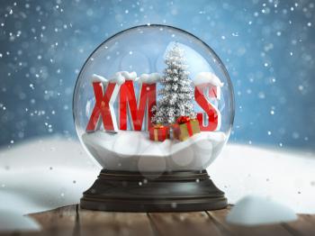 Merry Cristmas, Snowball witn Xmas on the wooden table. 3d illustration