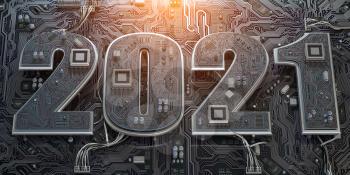New 2021 year in computer technology and internet commucations industry concept. Motherboard chipset with number 2021. 3d illustration