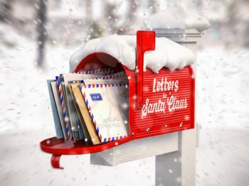 Santa Claus mailbox full of children letters. Christmas and new year winter concept background. 3d illustration