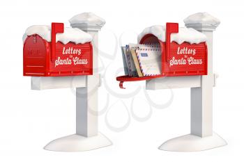 Santa Claus mailbox full of children letters isolated on white. Christmas and new year winter concept background. 3d illustration