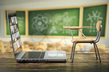 Laptop and school desk on blackdesk in classroom.  Online education and e-learning concept. Home quarantine distance learning. 3d illustration
