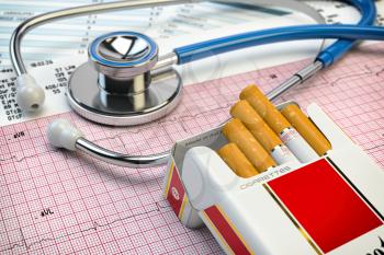 Stop smoking concept. Stethoscope, pack of cigarettes and electrocardiogram report. Examination of heart. 3d illustration