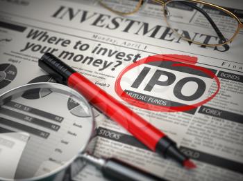 IPO Initial public offering concept. Where to Invest concept, Investments newspaper with loupe and marker. 3d illustration