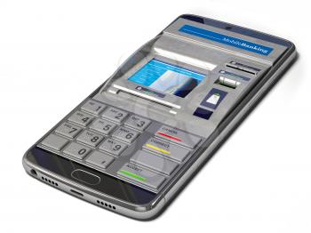 Mobile banking, online payments and digital financial services concept.Smartphone with ATM on  screen. 3d illustration