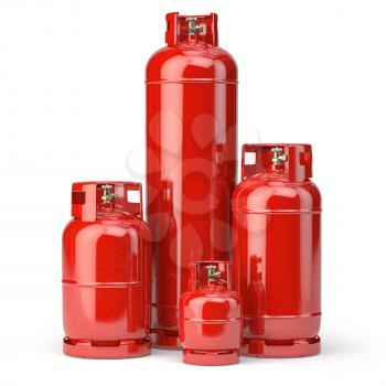 Different types of red gas bottles isolated on white background. 3d illustration