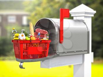 Shopping basket full of grocery products in mailbox. Online food ordering and delivery service concept. 3d illustration