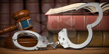 Criminal law and justice concept. Judge gavel, handcuffs and books. 3d illustration