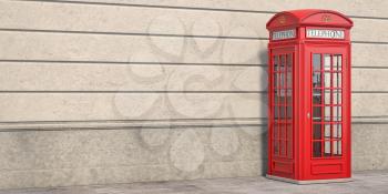 Red phone booth on brick wall background. London, british and english symbol. Space for text. 3d illustration