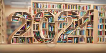 2021 new year education concept. Bookshelves with books in the form of text 2020 in library. 3d illustration