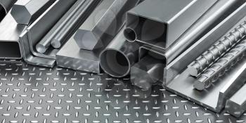 Rolled metal products. Different stainless steel profiles and tubes . 3d illustration