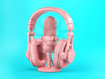 Pink retro haedphones and microphone on blue background. 3d illustration